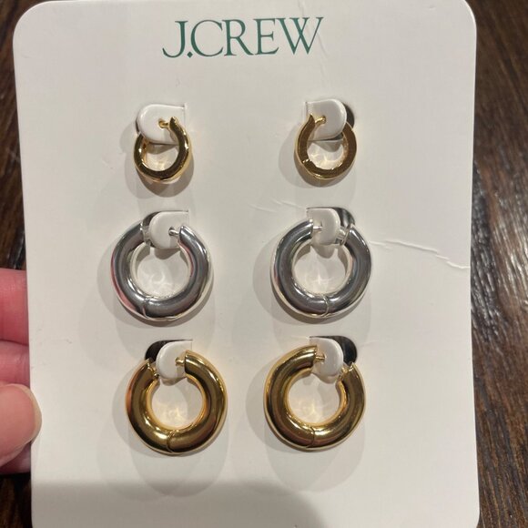 NEW J.Crew Metallic Hoop Earrings Set of Three Gold Silver Recycled Brass BX248 - Picture 1 of 3